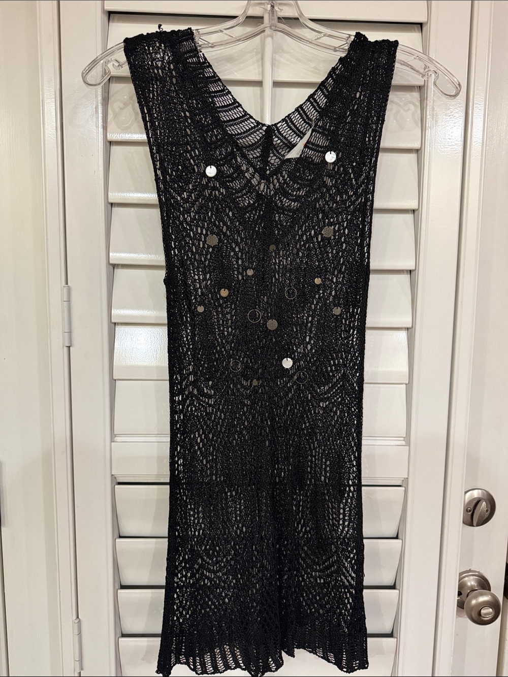 Sequin-Embellished Black Crochet Top/Swim Coverup